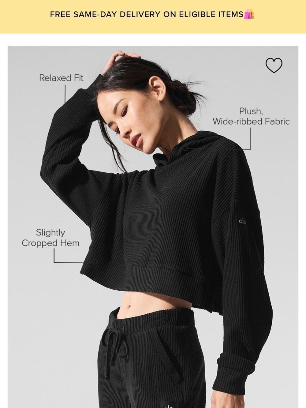 ALO Yoga Black Plush Wide-Ribbed Cropped Hoodie